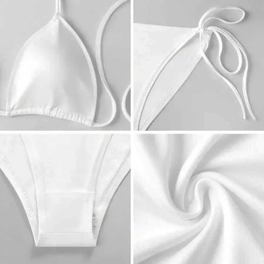 Womens Triangle Halter Bikini Set Solid White Swimwear