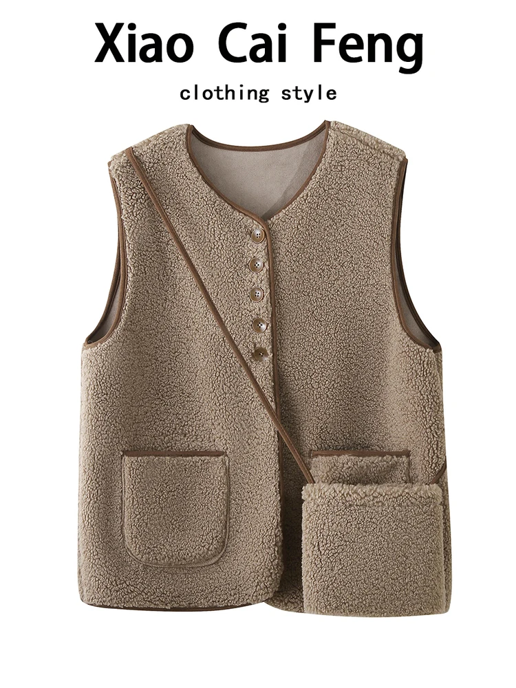 

Korean Contrast Color Lamb Fur Vest Women's Outerwear Autumn Winter Inteated Leather Fur Warm Layering oulder Bag Trendy