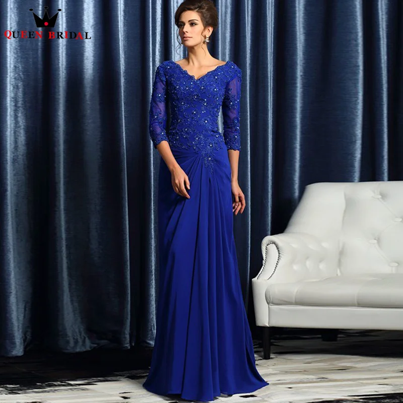 

Royal Blue Wide-waisted Mother of the Bride Dresses Elegant 3/4 Sleeves V Neck Beading Chiffon vestido madre novia Custom DT70