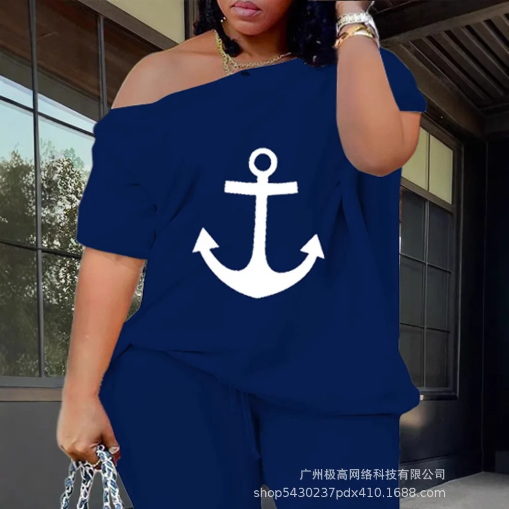 

Women Summer 2 Piece Clothes Set Slash Shoulder Print Top & Shorts Pants Loose Fashion Casual