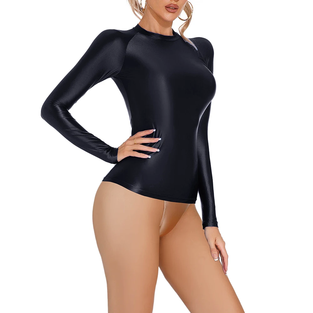 Bezszwowe koszulki do jogi dla kobiet, błyszczące bluzki z długim rękawem, elastyczne, dopasowane topy, materiał nylonowy, okrągły dekolt.