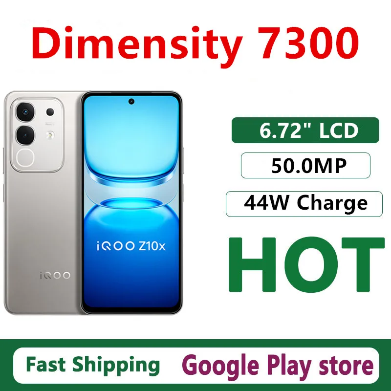 الأصلي Vivo Iqoo Z10X الهاتف المحمول الأبعاد 7300 أندرويد 15.0 OTA 6.72 "LCD 120HZ 50.0MP كاميرا 44 واط تهمة 6500 مللي أمبير بطارية