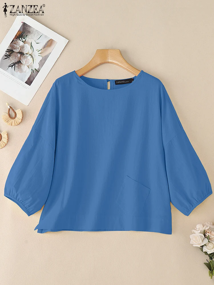 ZANZEA Casualowe bawełniane bluzki damskie Oversize z dekoltem O-Neck, rękawem 3/4 typu latarnia, Blusas Mujer, wiosna-jesień 2025, luźne bluzki w jednolitym kolorze