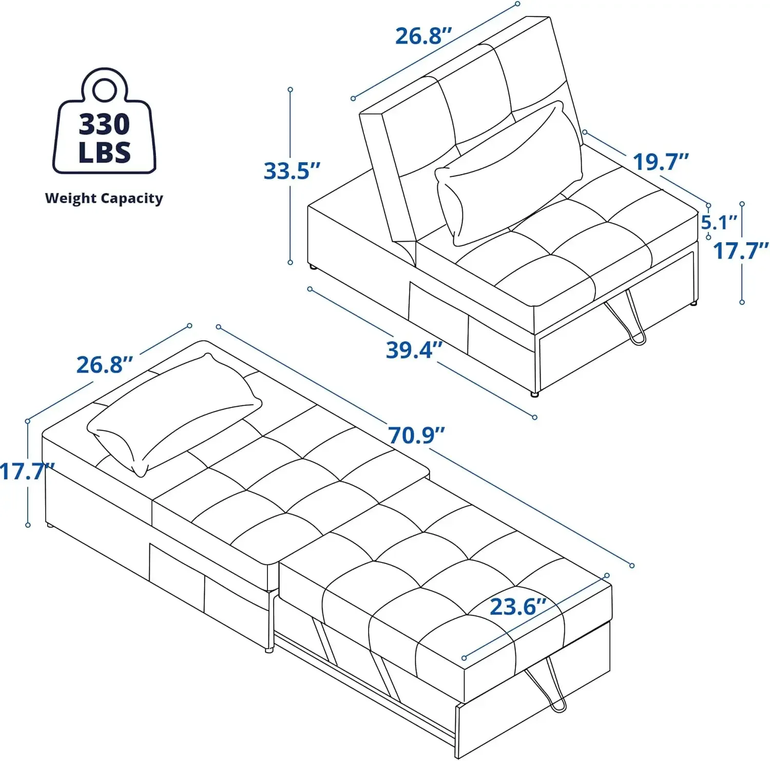 Castle Sleeper Chair, Convertible Chair into Bed, 4 in 1 Ottoman Sleeper Bed, Pull Out Sleeper Chair, Liner Ottoman