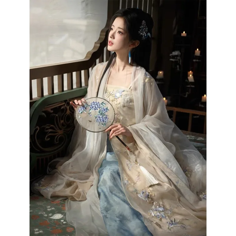 Women Same Style Hanfu Big Sleeve Shirt Set Thin Chiffon Traditional Chinese Outfit Spring Summer Daily Costume