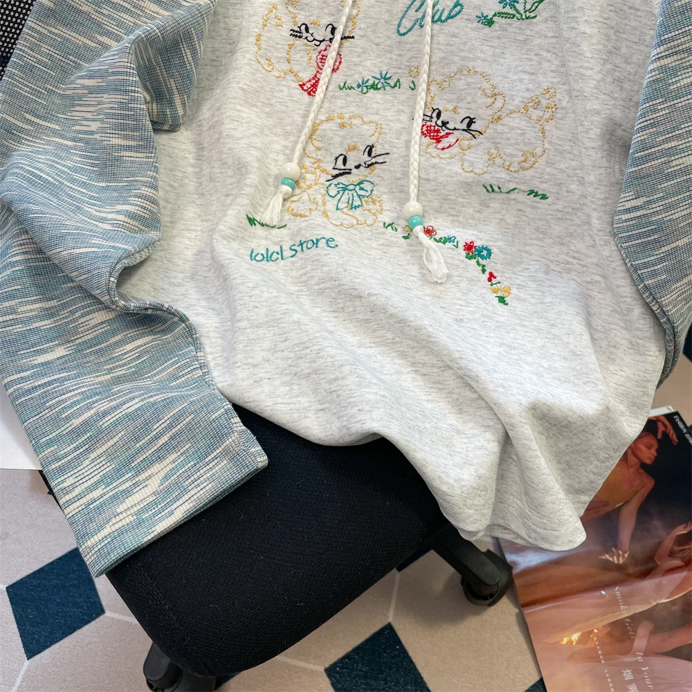 T-shirt patchwork con ricamo cartoon stile europeo americano donna primavera autunno o-collo manica lunga camicia allentata casual top