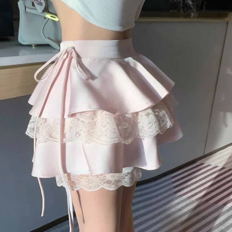 Sexy Ruffle Tiered Skirts Women Cute Lolita Style Lace Cake Skirt Girl Kawaii Clothes High Waist Solid A-Line Mini Skirt