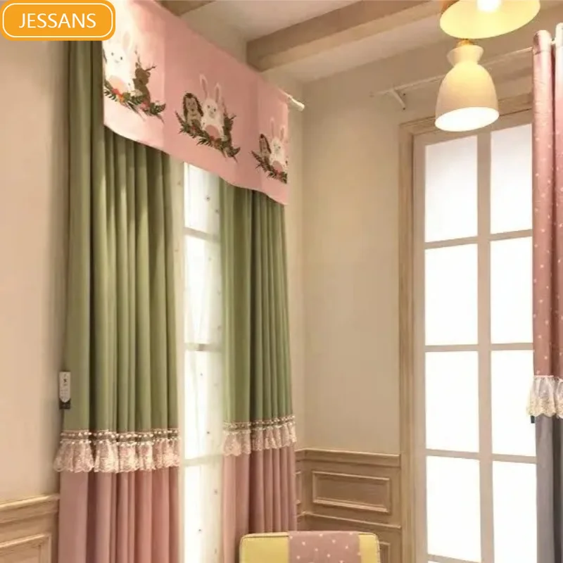

Korean Style Cotton Linen Pink Green Splicing Children's Room Curtains for Living Room Bedroom Floor To Ceiling Bay Windows