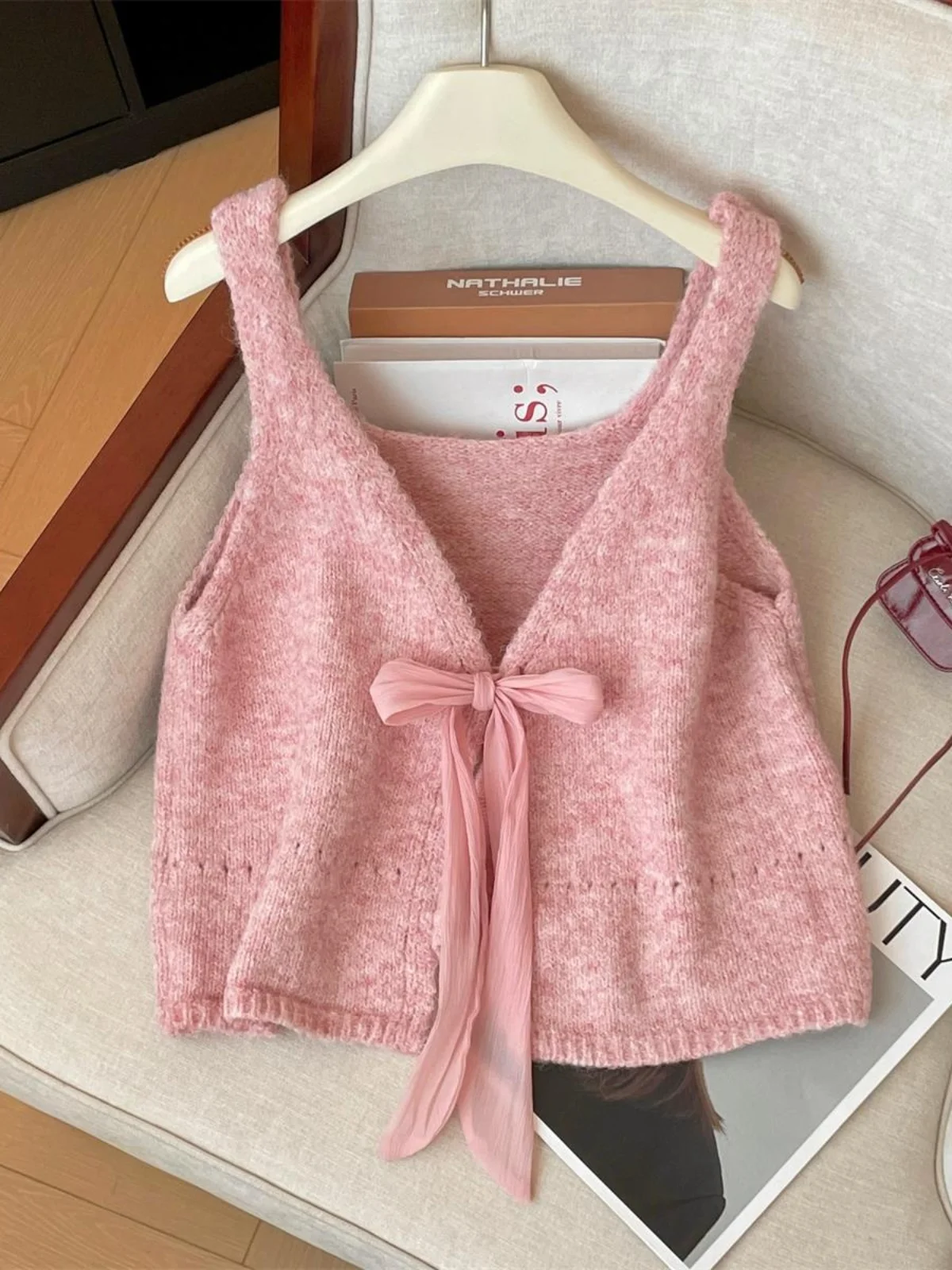 Pink Gentle Bow Front and Back Double Wear Sweater Vest Women Autumn V-neck Loose Knitted Vest Tops Versatile Women's Clothing