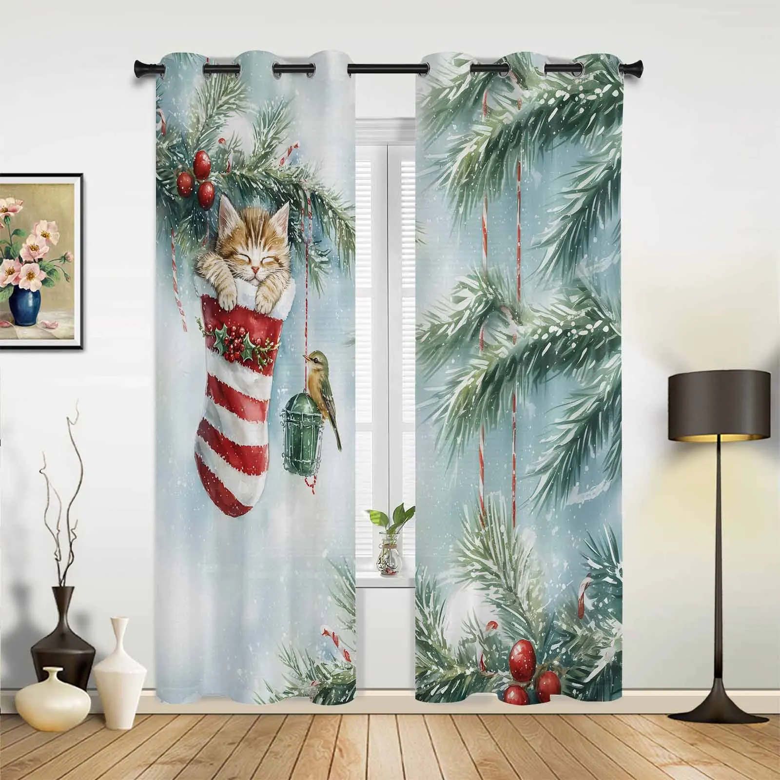 Cat Christmas Socks Plants Window Curtains Printing Curtains for Living Room Modern Design Bedroom Decor Drapes