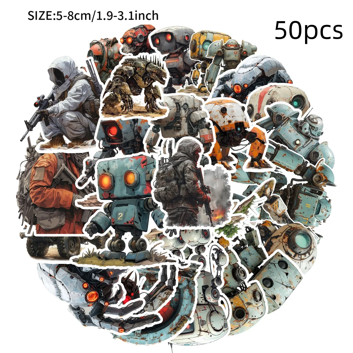 50pcs Wasteland Robot Hand Ledger Stickers Missile Tank Monster Scientist Biochemical Laboratory Realistic and Non-Repeating