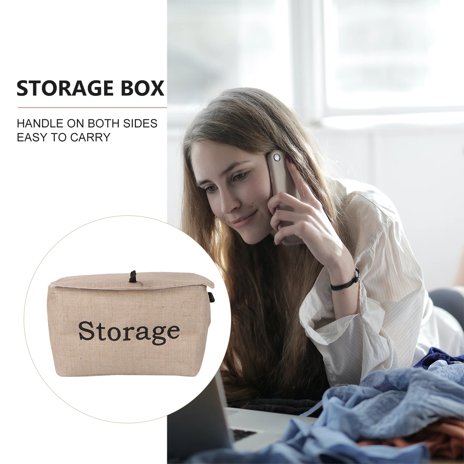 

1pc Eco-Friendly Jute Storage Folding Underwear Organizer Wardrobe Container Cotton Linen Clothes Box Light Brown Square