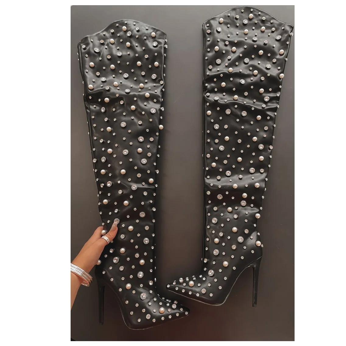 

Black Diamond Over Knee High Leather Boots Thin High Heel Sexy Fashion Cool Winter Casual Big Size Woman Shoes Zapatillas Mujer