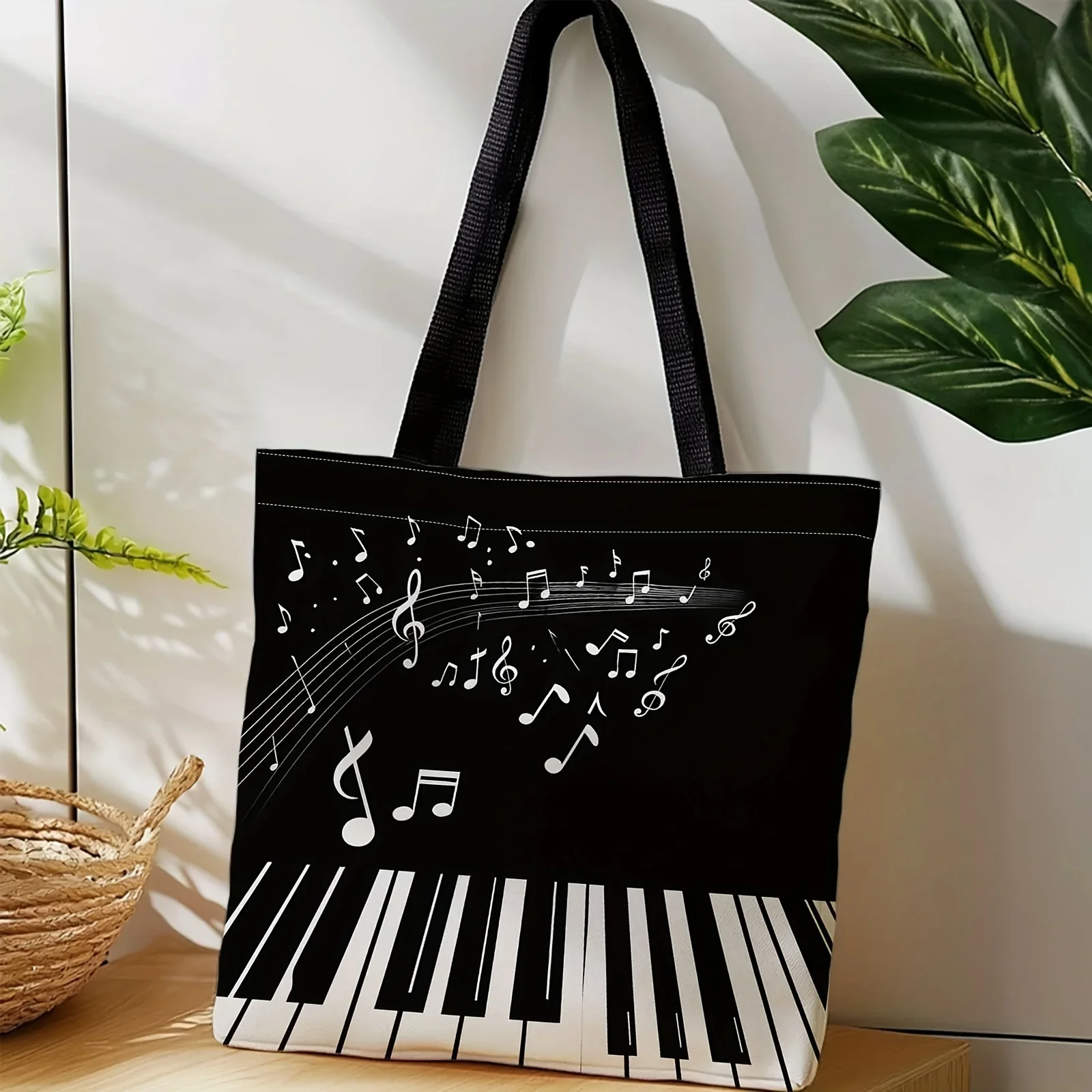 Shopping Bags Canvas Printing Piano Key & Music Note Tote Bag Reusable Beige Musical Instrument Print HandBag for Musicians
