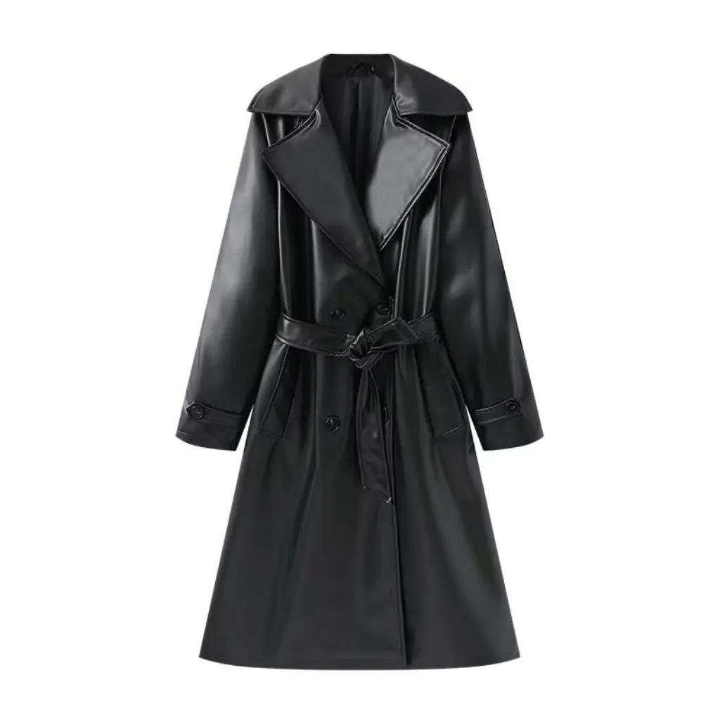 

Women's Long Leather Coat Lapel Belt Fashion Autumn European American Style Women's F8Z24198