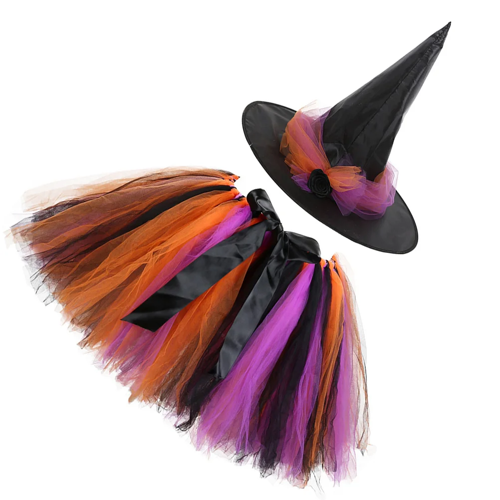 ชุดแม่มดฮาโลวีน 1 ชุด ประกอบด้วยหมวกและกระโปรง ดีไซน์สีสันสดใส สำหรับเด็ก แต่งตัวในงานวันเกิด งานแสดง ถ่ายภาพ