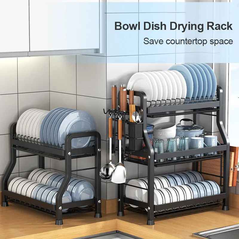 New 2 Tier Dish Bowl Drainer Storage Rack Kitchen Dish Drying Rack Plates Organizer Easy Installation Dish Rack Kitchen Utensils