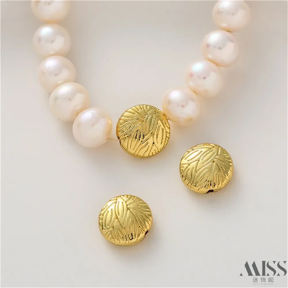18k Sand Gold-wrapped Gold Round Cake Bead Pattern Relief DIY Accessories Loose Beads Handmade Chain Jewelry Material