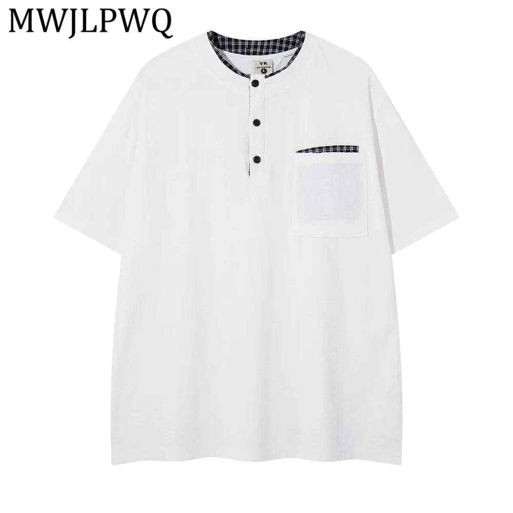 

MWJLPWQ American-Style Loose Casual Short-Sleeve T-Shirt For Men Summer Ins American Street Half-Button Tops Trend 14330