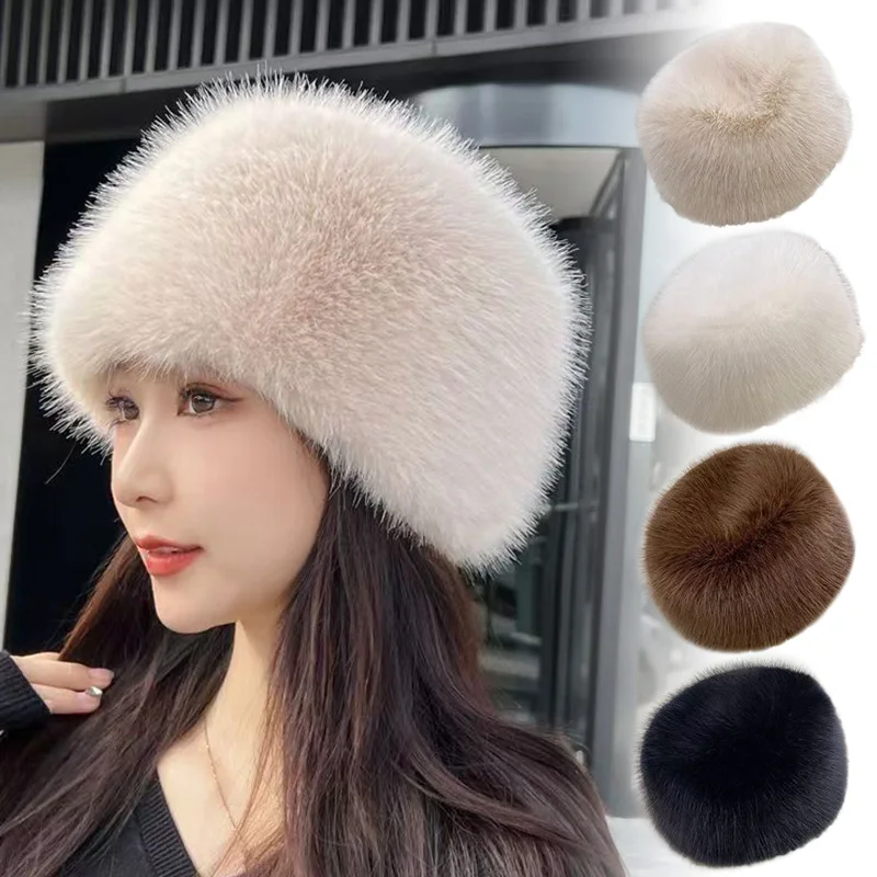 

Women Winter Flat Top Bucket Hat Faux Fur Plush Eco-friendly Faux Fur Fox Fur Russian Hat Warm Skullies Beanies