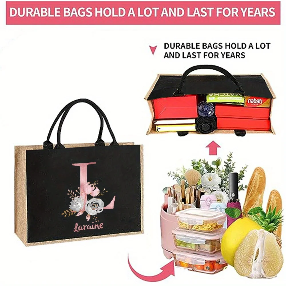 Customizable Name Linen Handbag Linen Handbag Pink Letter Reusable Eco Friendly Grocery Storage Bag Retro Beach Bag