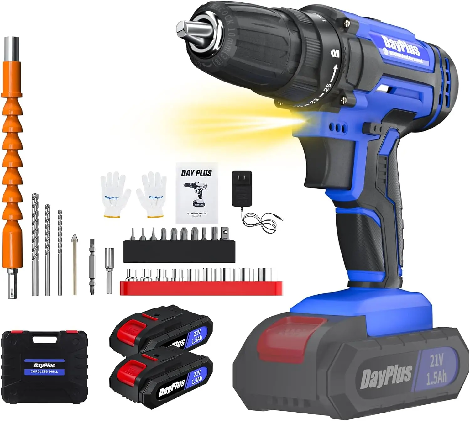 DayPlus 21 V Cordless Screwdriver,Cordless Drill with 2 x 1500 mAh Batteries,45 Nm Battery Drill,Torque 25 + 1 Levels, LED Light