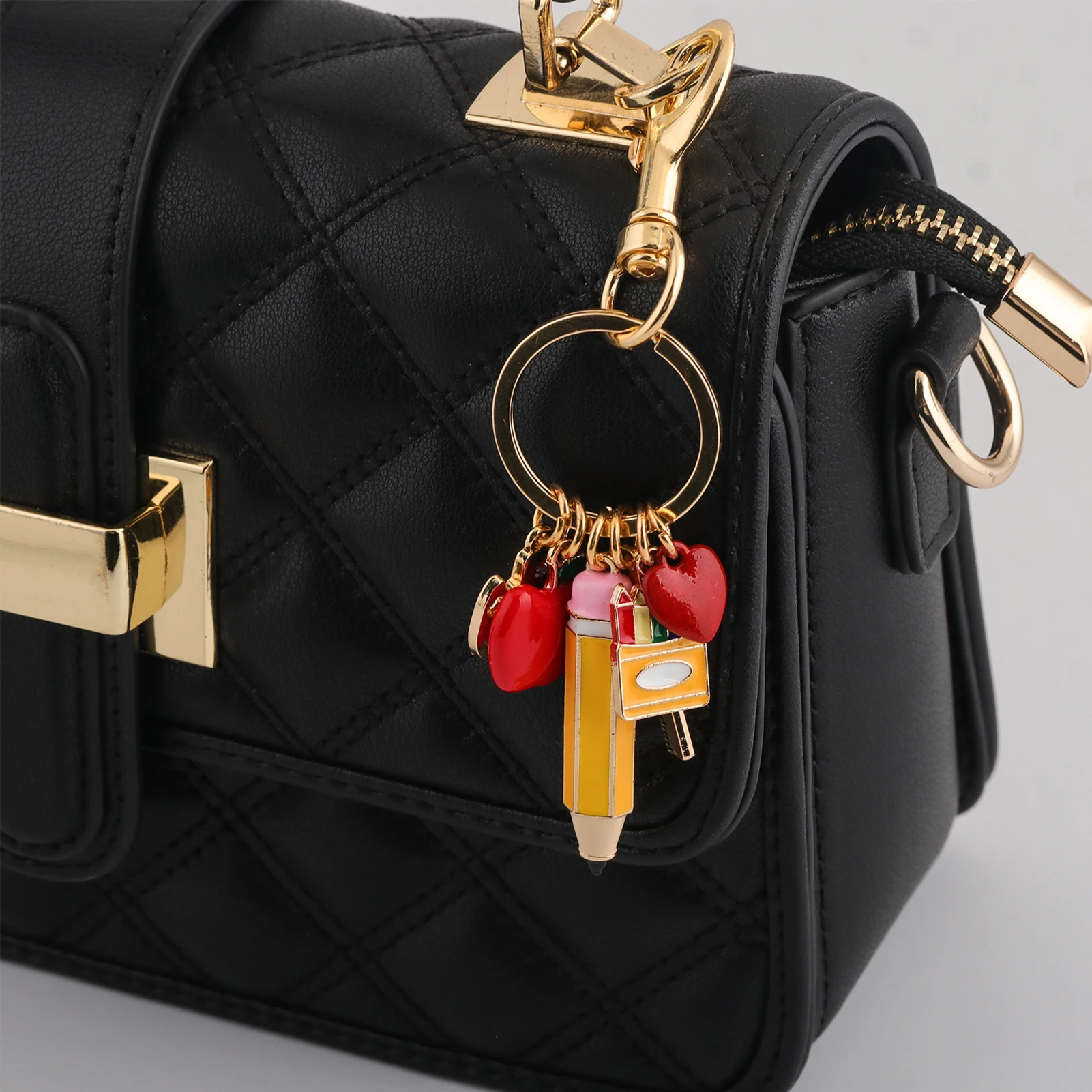 Teacher Appreciation Keychain with Pencil Apple Ruler Palette Charms Gold Tone Enamel Key Ring Gift for Teachers