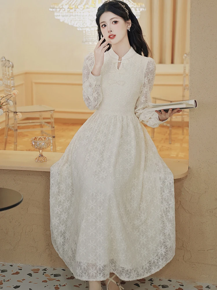 White Lace Hook Flower Hollow Luxury Long Dress Gown Women Autumn Winter Elegant Prom Robe 2024 Korean Fashion Bodycon Vestidos