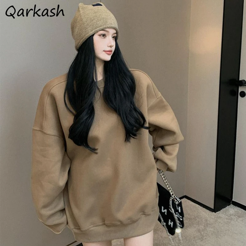 Spring Autumn M-4XL O-neck Sweatshirts Women Loose Design Korean Style Fashion Street Casual Solid Color All-match Chic Female