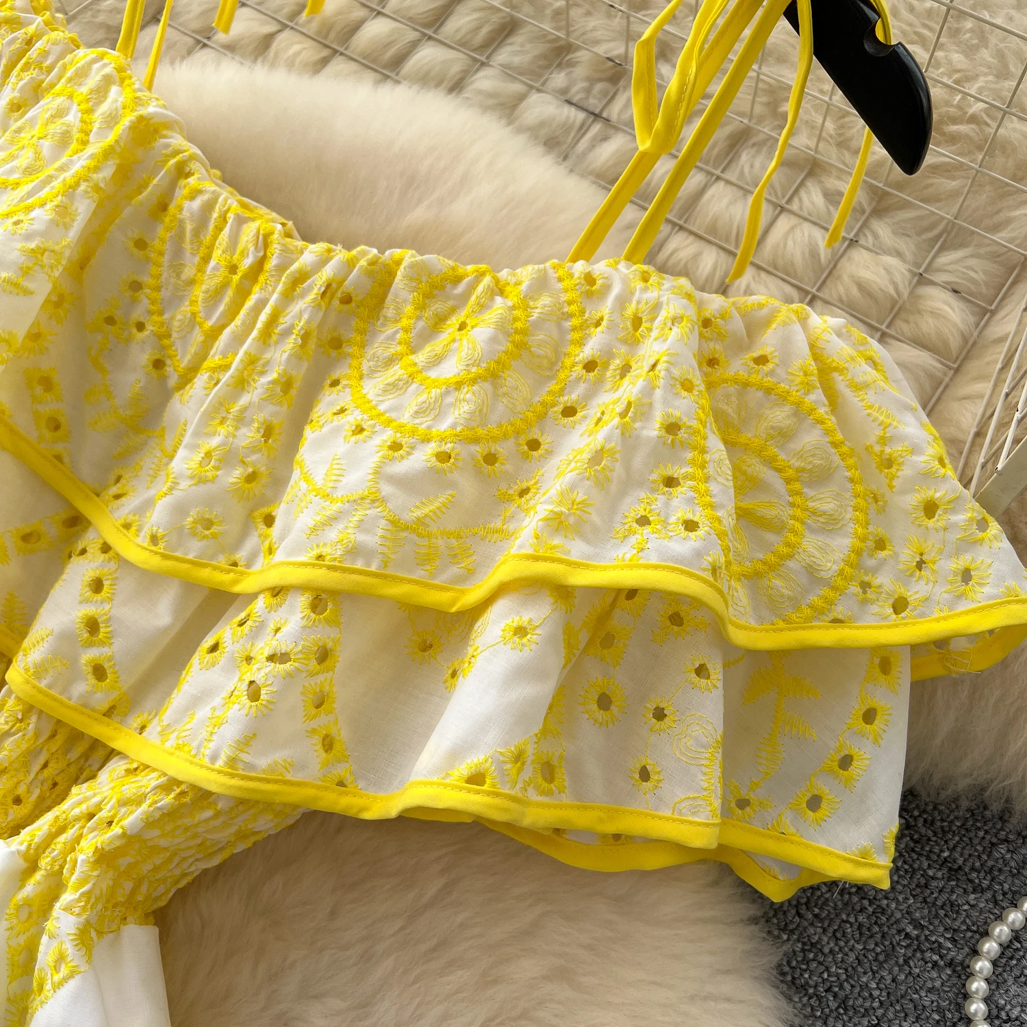 Chic vintage Sexy ruffle hollow out slim Elegant Fairy korean fashion Boho Sundress women clothing Long dress