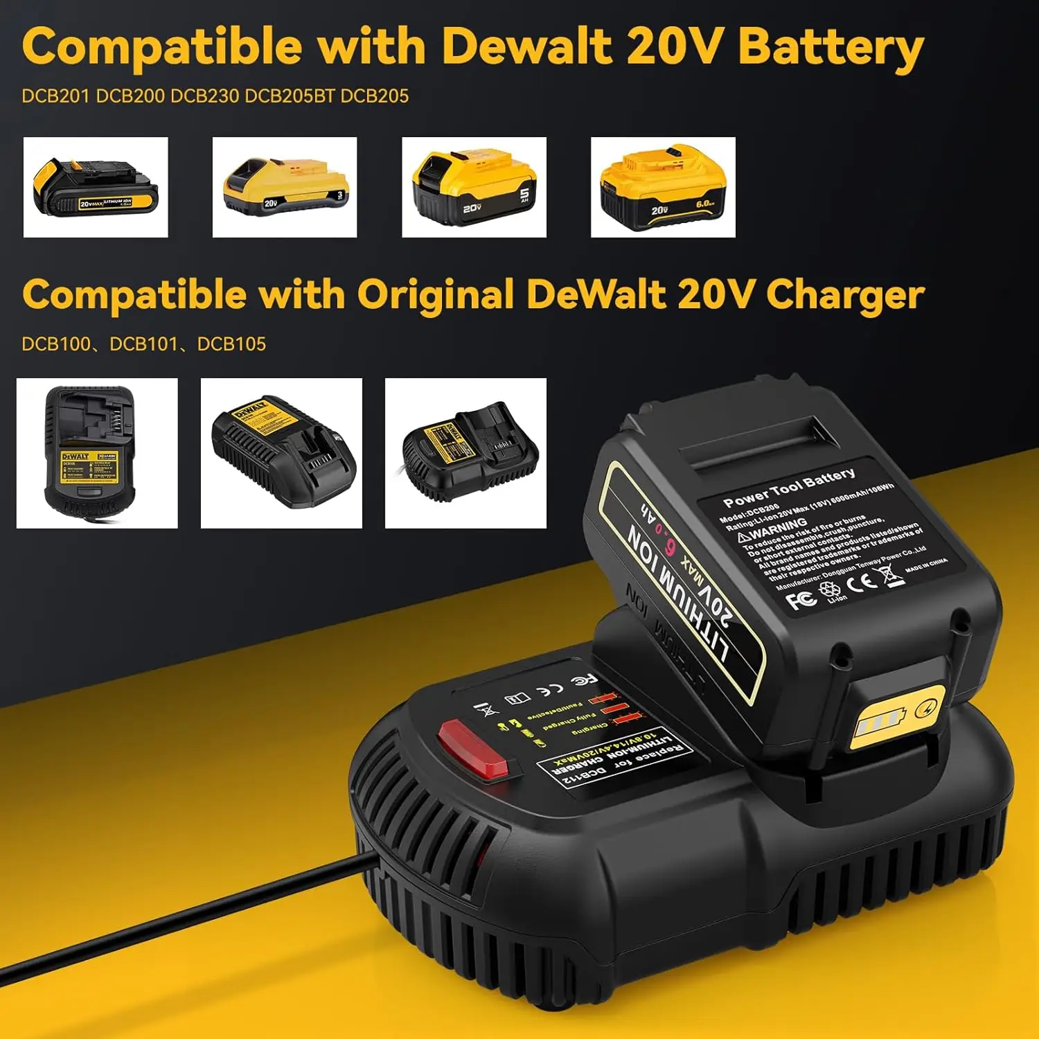 20V 6000mAh Replace Battery for Dewalt with DCB112 Charger, 2 Packs 20V Max 6.0Ah Lithium Battery with 20V Charger Comaptible wi