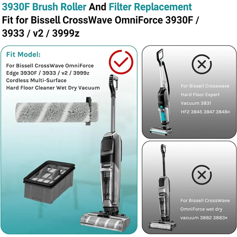 فرشاة وفلتر بديلة ABBK-3930F لمنظف الأرضيات الصلبة اللاسلكي متعدد الأسطح Bissell Crosswave Omniforce Edge