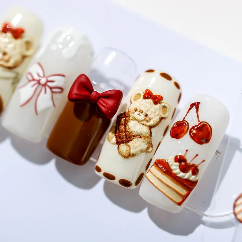 1 Sheet Lovely Bear Cake Chocolate Cartoon 5D Soft Reliefs Self Adhesive Nail Art Decorations Stickers 3D Nail Decals Wholesale