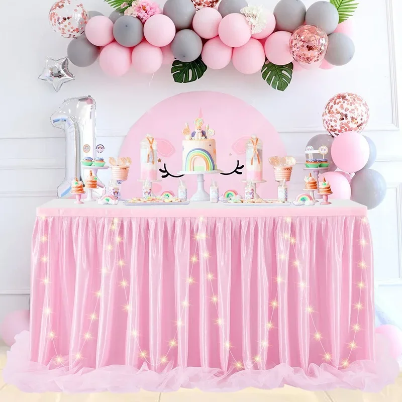 4FT Pink Table Skirt Tutu Tulle Tableware Cloth Wedding Baby Shower Birthday  Christmas 2027 Party Table Decor