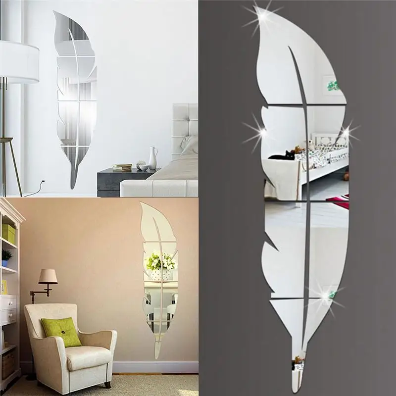 15x72cm Acrylic Mirror Wall Sticker Large Waterproof Feather Plume For Living Room Home Decor Wall Sticker Decal Wallpaper