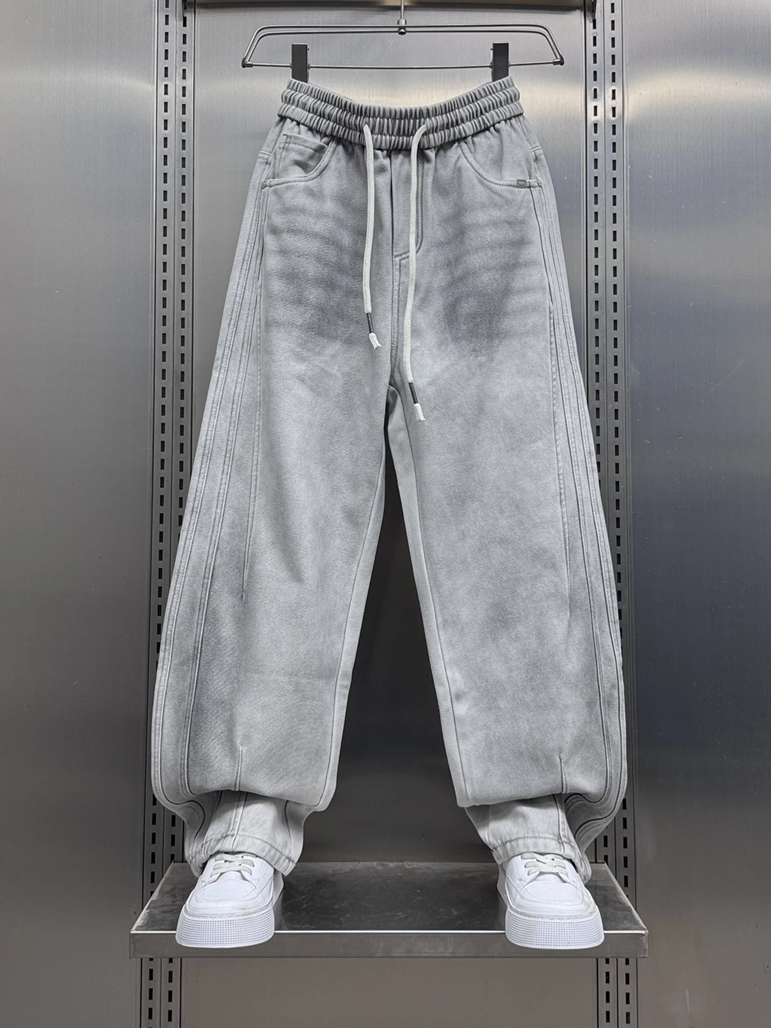 

Men's Fce Lined Loose Fit Casual Pants Elastic Waist Dstring Drapey Wide Leg Straight Blade Winter New Arrival