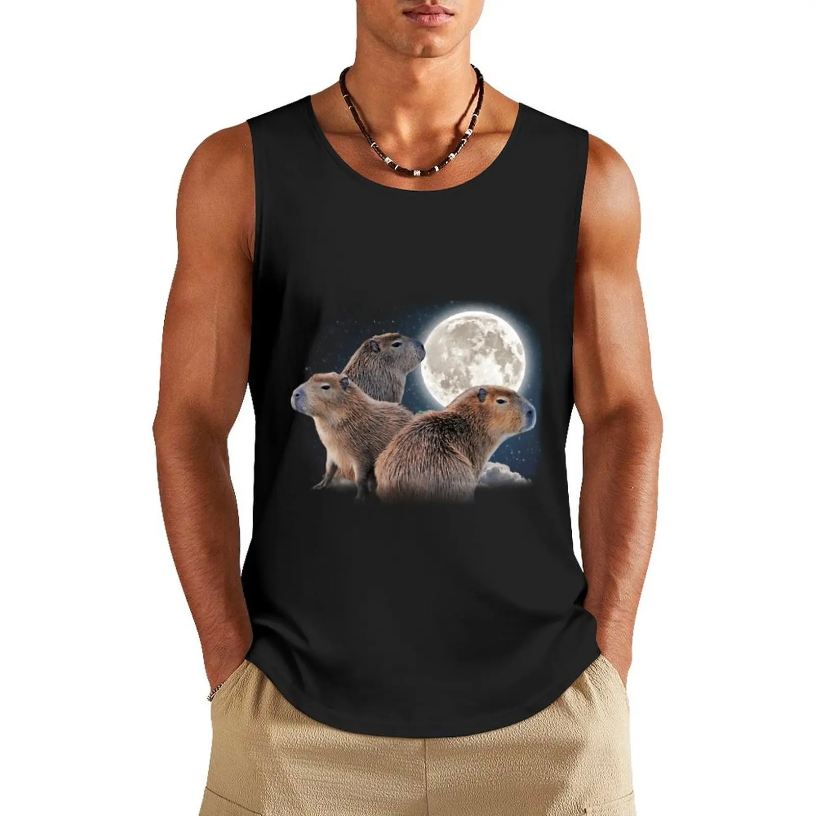 

Three Capybaras and Moon Funny Capybara Humor Parody Tank Top bodybuilding men gym Men's sports t-shirt