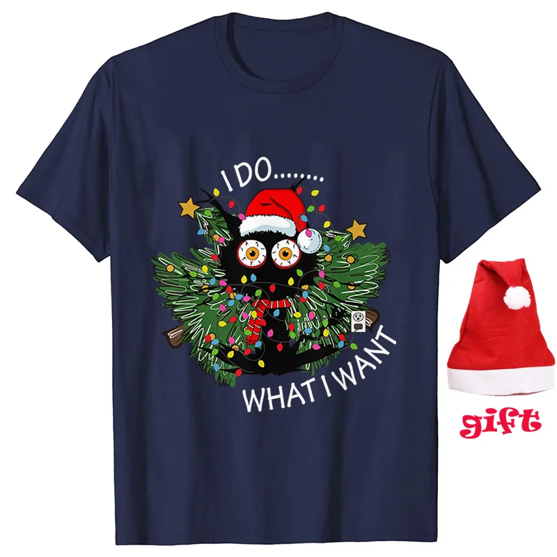 Funny Black Cat Print Shirt I Do What T-Shirts Women Short Sleeve Tees Christmas Tree Party Female Tops with Christmas Hats