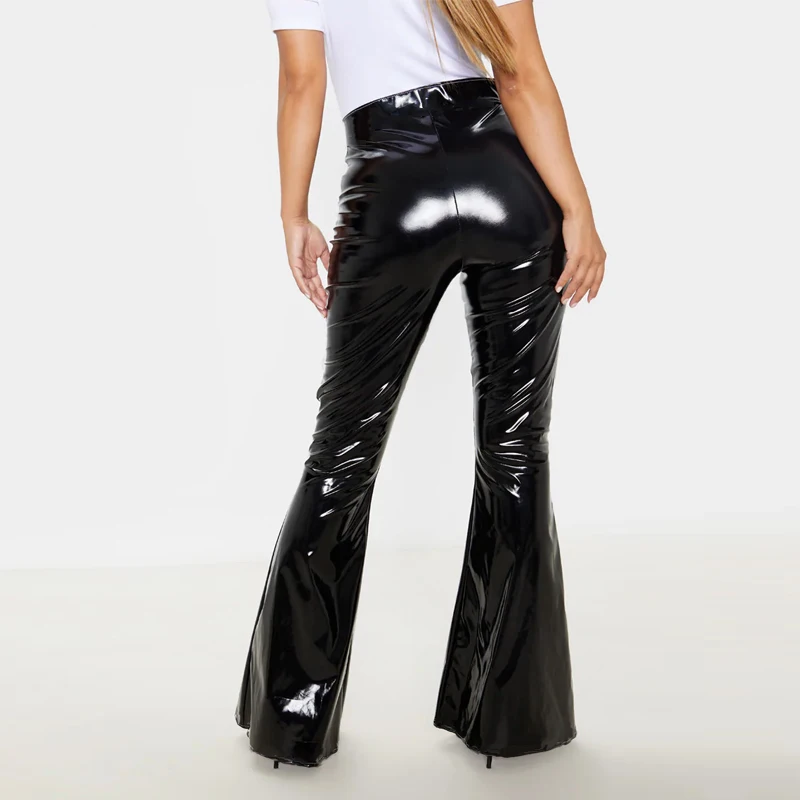Women Stretch Shiny Faux Leather High Waisted Pants Ladies Glossy PU Leather Trousers Faux Latex Casual Leggings Support Custom