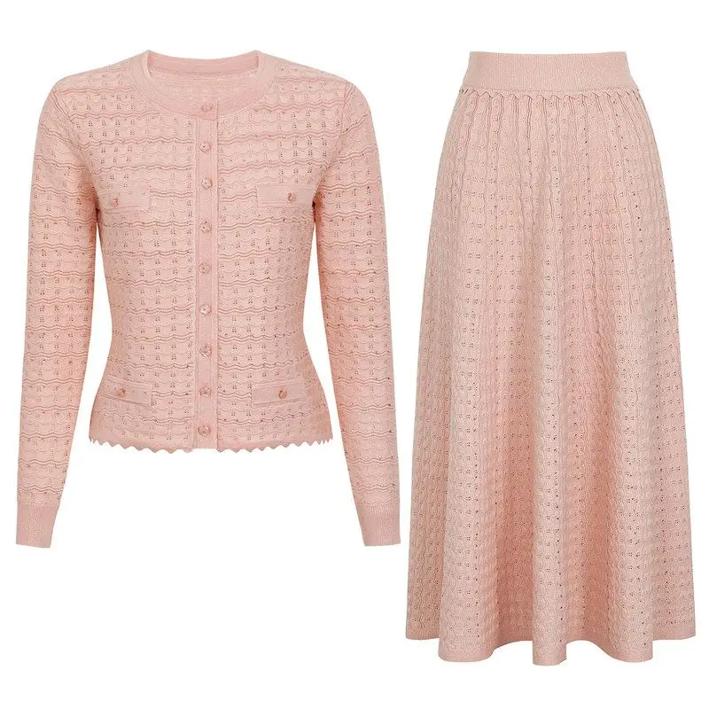 Women's Autumn New Heavy Rhinestone Long Sleeve Knitted Cardigan Coat Skirt Set Fashionable Elegant Lady's Ensemble