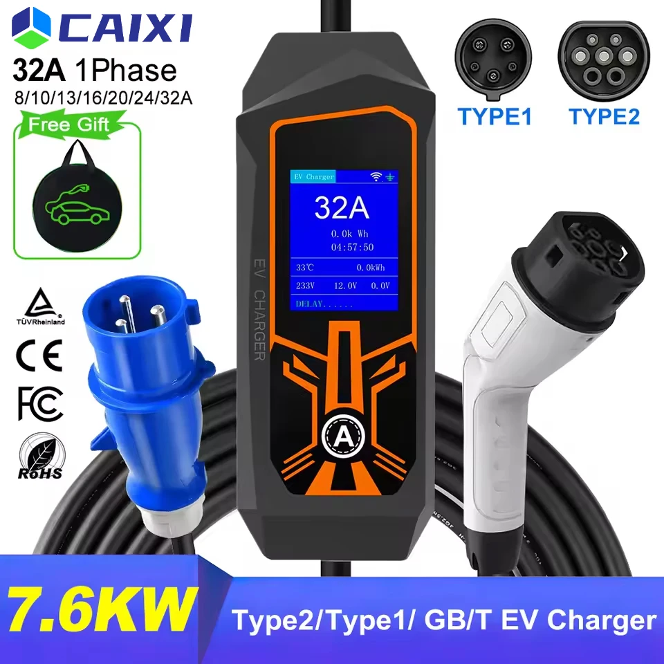 

Портативное зарядное устройство CAIXI EV Charger Wallbox с кабелем Type2, 32А, 7.6кВт, с вилкой CEE, адаптер EVSE Type1 j1772 для электромобилей
