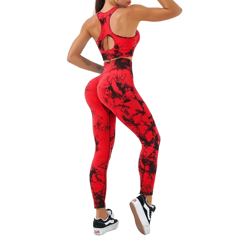 High Waist Seamless Sports Gym Yoga Bra Pants Leggings Set Tie Dye Yoga Suit Exercise Running Fitness Women Workout Tights Set