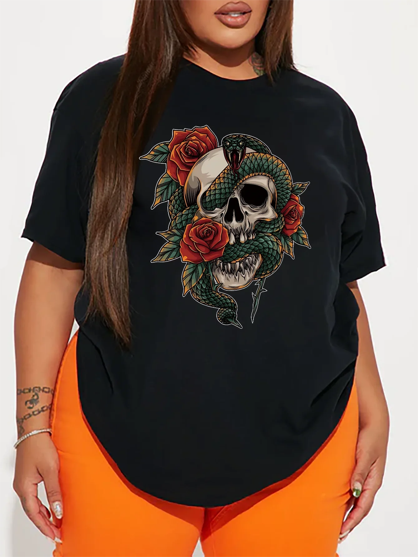 Vrouwen Plus Size Kleding Zomer Casual Korte Mouwen 8 Kleur O-hals T-Shirt Bedrukt Graphics Skull Eye Snake Plus Size T-Shirt