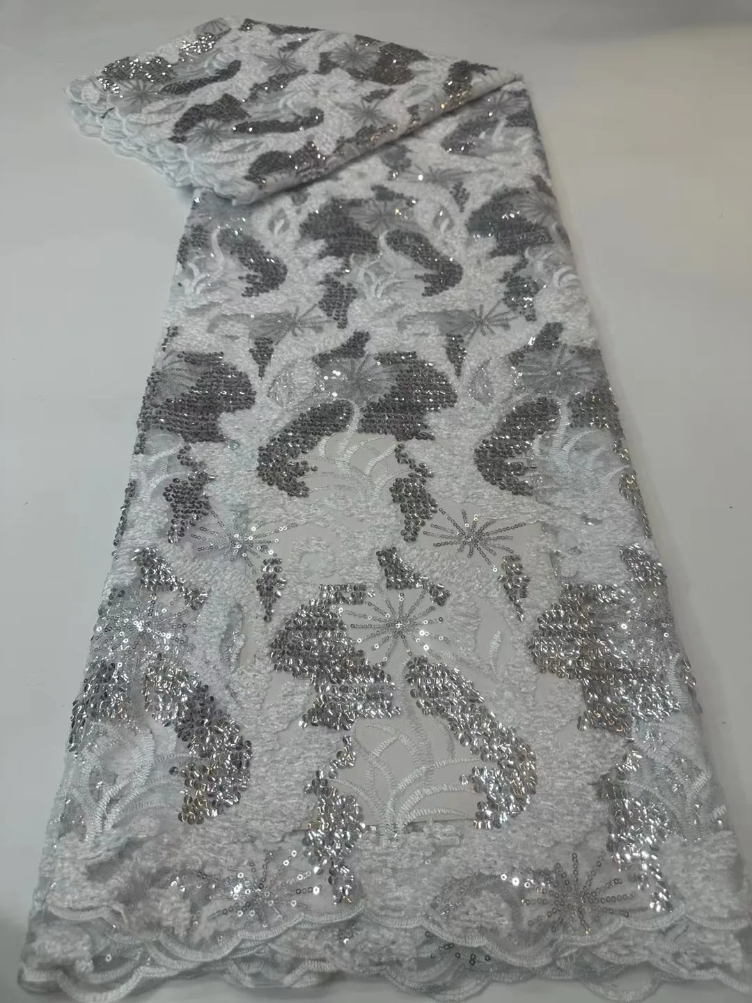 

Latest lace fabric high quality 2026 French Sequins Lace Nigerian Lace Fabric 5 Yards African Embroidery for Wedding Dress M83-1