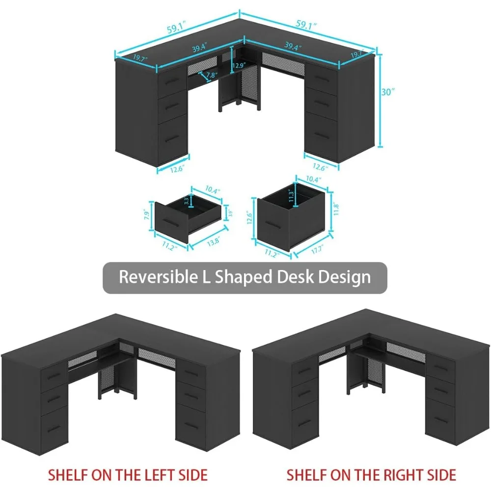 Computer Desks, L Shaped Desk with File Drawers Shelves, Reversible Corner Metal Wood Computer Desk, Computer Desks