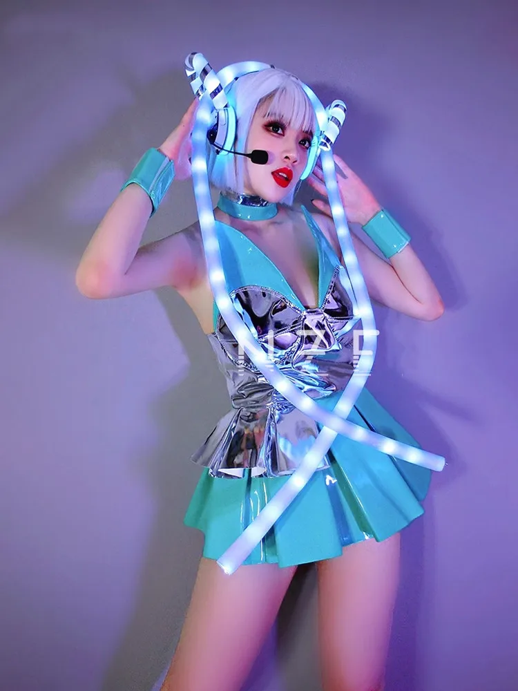 Sexy Gogo Dance Costume Women Technology Cosplay Performance Clothes Nightclub Blue Patent Leather Dress LED Glow Headgear Set