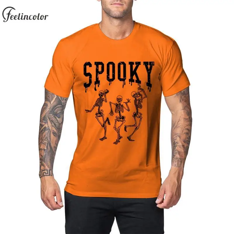 Eating Candy Ghost Printed T-Shirt for Men Halloween Spooky Season Orange Tee Tops Fashion Round Neck T-Shirts Male Clothes