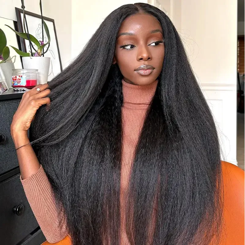26inch Soft Kinky Straight Wig Black Yaki Lace Front Wig For Women With Baby Hair Synthetic Wigs Heat Temperature Glueless