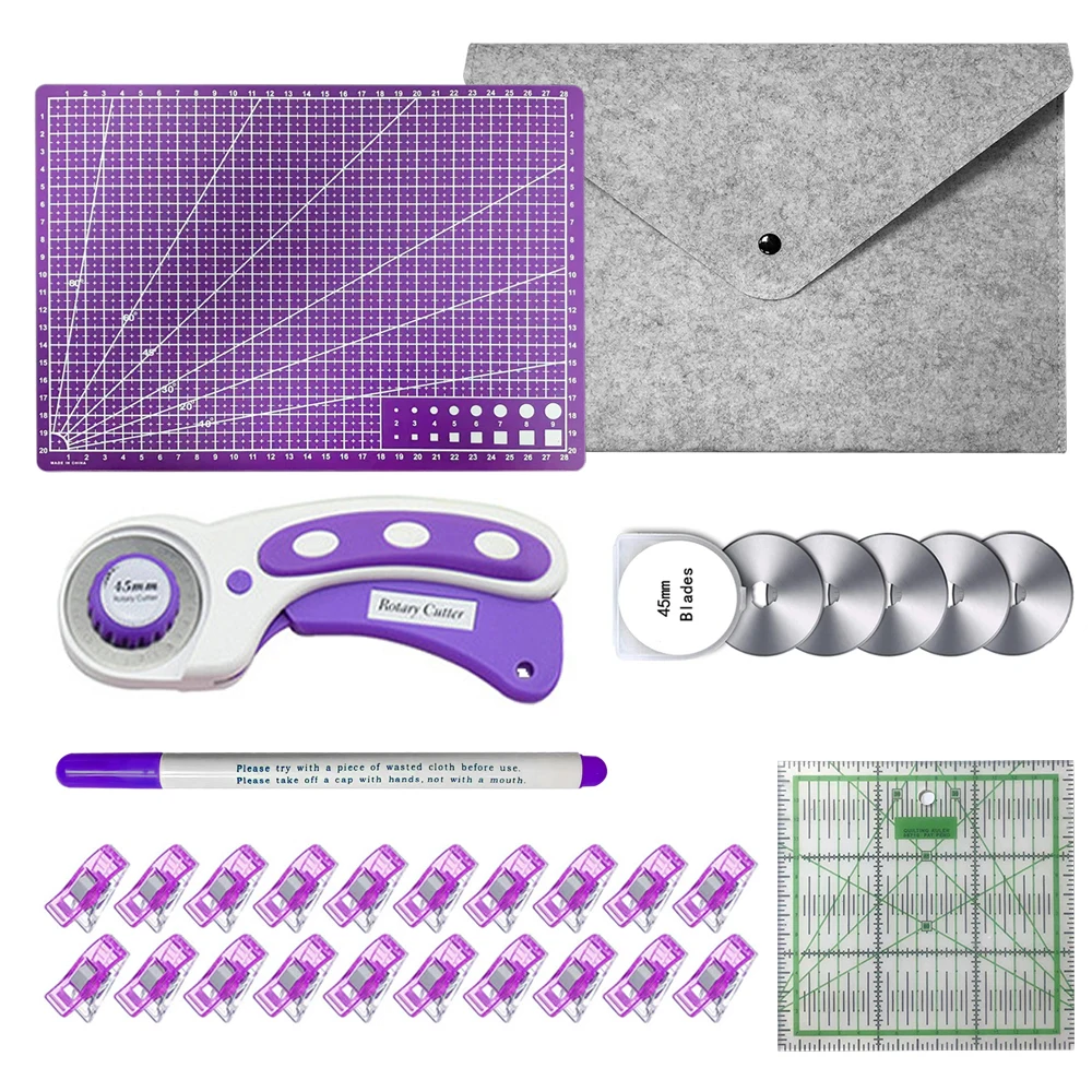 45-mm-Rotationsschneider-Set mit selbstschneidender A4-Matte, Acryllineal, Aufbewahrungstasche, Nähstift, Nähclip zum Quilten, Basteln