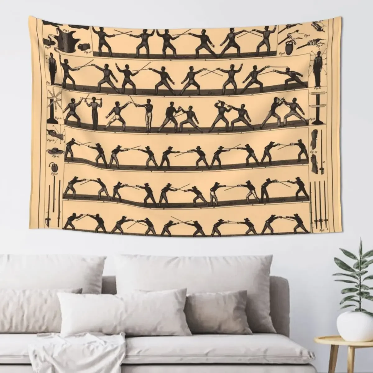 Vintage Fencing Swordsmanship Diagram (1907) Tapestry Room Decor Korean Style Home Decorations Tapestry